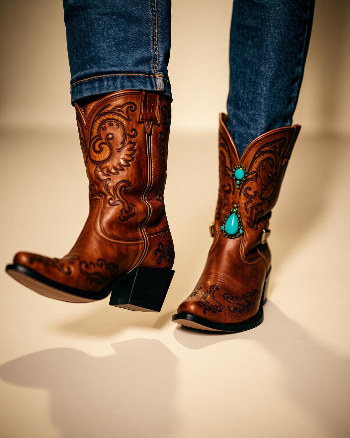 Hand-tooled leather boots with turquoise accents